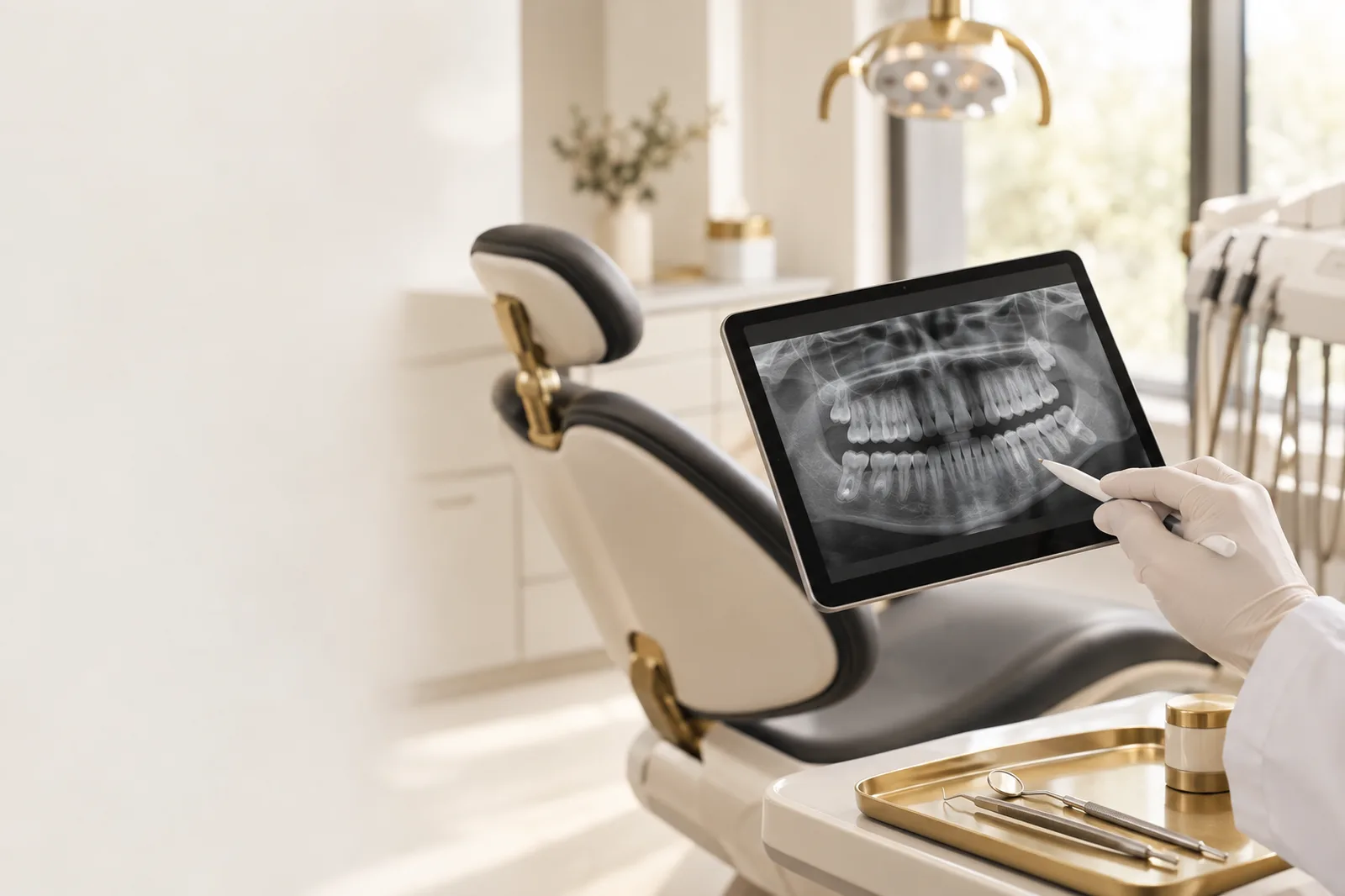 Dentist reviewing a panoramic dental X-ray to evaluate wisdom teeth at Happy Teeth in Mar Vista